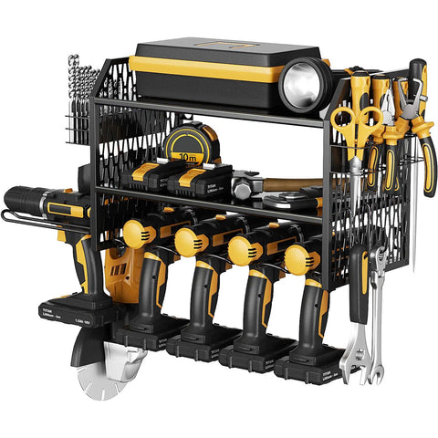 Power Tool Storage Rack With Six Drill Holders And Pegboard Organizer Shelf For Garage Walls, holding tools, black finish