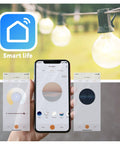 Close-up of hand holding smartphone with Smart Life app controlling 48Ft 15-Socket LED Outdoor String Lights With Remote Control Alexa Compatible And Smart Life App Dimmable With Timers S14 E26 30W 2700K Warm White Black Patio Vibes For Backyard Ambiance, showing light bulb detail in background.