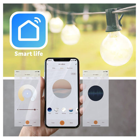 Close-up of hand holding smartphone with Smart Life app controlling 48Ft 15-Socket LED Outdoor String Lights With Remote Control Alexa Compatible And Smart Life App Dimmable With Timers S14 E26 30W 2700K Warm White Black Patio Vibes For Backyard Ambiance, showing light bulb detail in background.