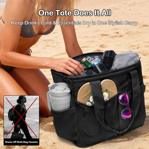 Person on beach with Two In One Soft Cooler Bag With Leakproof Insulation Collapsible Design For Beach And Camping 13L Insulated Compartment