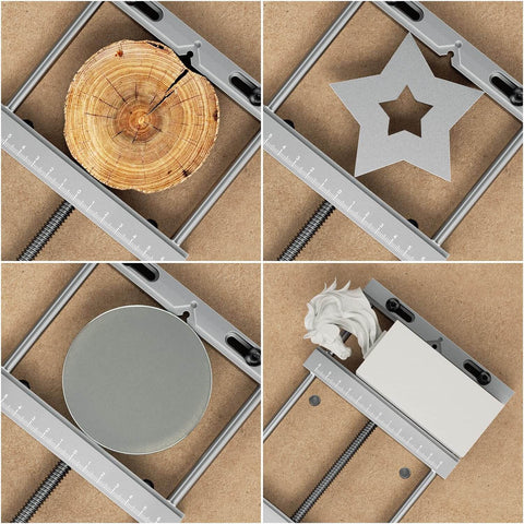 Aluminum Bench Vise Clamp for CNC Router Machines holding various objects with high precision, showcases 0 to 8 inch range.