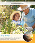 Person gardening with child, both wearing hats, surrounded by plants with a text overlay 'Brilliant By Design' and solar panel image.