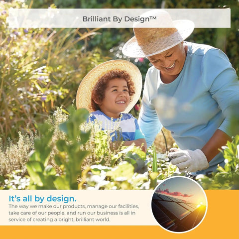 Person gardening with child, both wearing hats, surrounded by plants with a text overlay 'Brilliant By Design' and solar panel image.