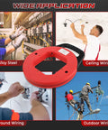NATGAI 100FT Fish Tape Hand Wire Puller displayed with images of alloy steel wiring and outdoor cable routing tasks.