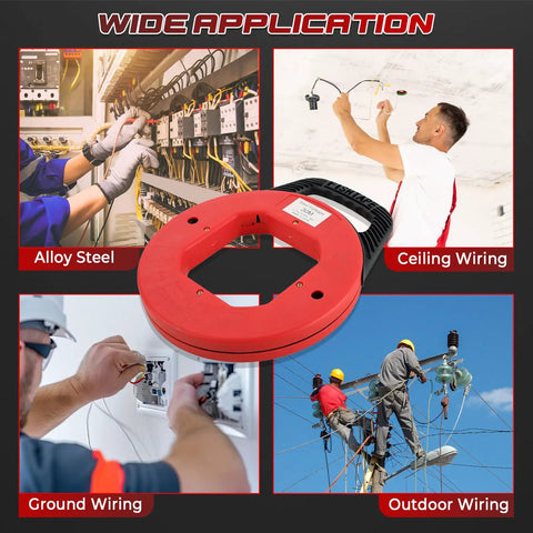 NATGAI 100FT Fish Tape Hand Wire Puller displayed with images of alloy steel wiring and outdoor cable routing tasks.