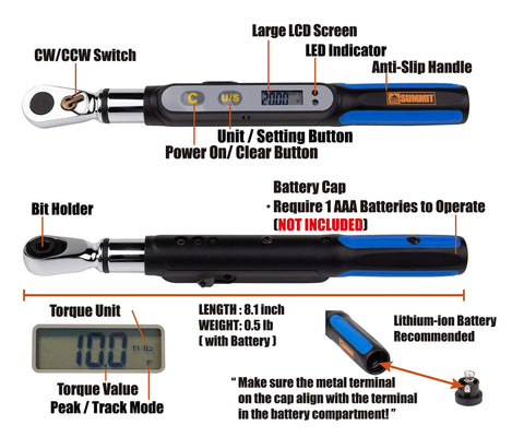Bit-Head Digital Torque Wrench With Quarter Inch Drive, Peak Torque Readout, LCD display, labeled features, Model BMS2-020CN-S.