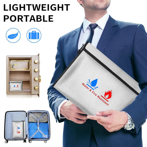 Heavy Duty Fireproof Document Pouches Set With Silicone Coated Exterior And Aluminum Foil Lining, held by man