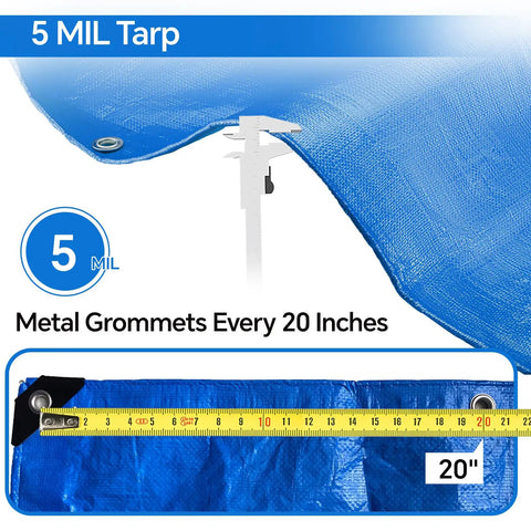8x10 Ft Tarp Pack Of 4 Ultra Durable 5 Mil Waterproof Poly Tarps with reinforced edges and 20 inch grommets displayed