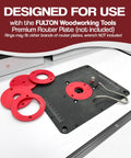 Image showing Five Pack Locking Reducer Rings For Router Plate Upgrade Professional Grade in red, fitted around a router plate.