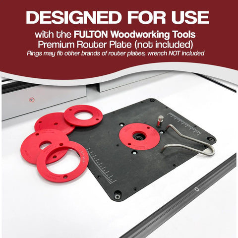 Image showing Five Pack Locking Reducer Rings For Router Plate Upgrade Professional Grade in red, fitted around a router plate.