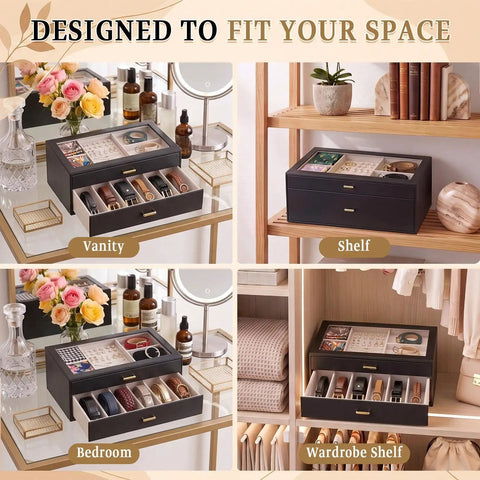 Premium Two Tier Black Belt Organizer With Spacious Drawer For Bedroom Closets To Keep Your Threads And Bling Neatly Sorted Without Stress, displayed in vanity and shelves.