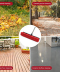Heavy Duty Push Broom With 70 Inch Extendable Handle For Outdoor Garage Driveway And Sidewalk Cleaning Industrial Grade Sweep Tool shown in use on various surfaces including grass, cement, wood, and ceramic tile.