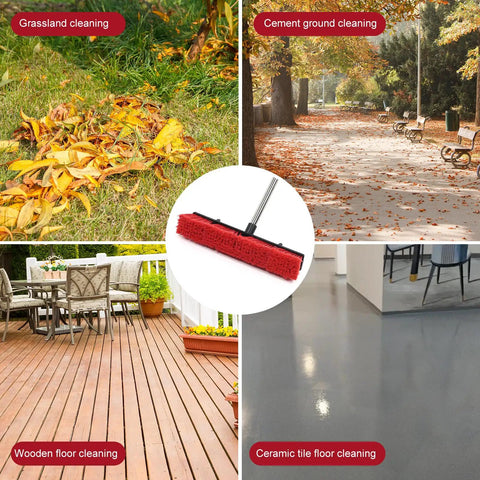 Heavy Duty Push Broom With 70 Inch Extendable Handle For Outdoor Garage Driveway And Sidewalk Cleaning Industrial Grade Sweep Tool shown in use on various surfaces including grass, cement, wood, and ceramic tile.