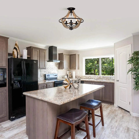 Matte Black Metal Open Cage 4 Light Semi Flush Mount With Dope Wood Grain Finish In Brown Indoor Ceiling Light Fixture