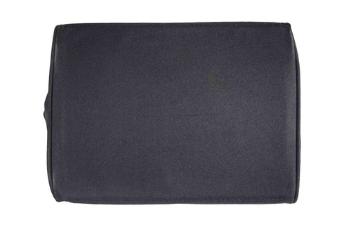 Bottom view of rugged 15 inch nylon tool bag with zipper closure for jobsite use, showing heavy duty handles and bottom skids for stability.