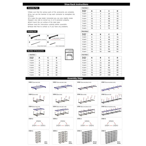 Beefy 8 Tier Large Shoe Rack assembly instructions for heavy duty shelving and adjustable heights for boots and shoes.