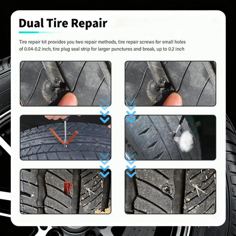 Beefed Up All In One Flat Tire Repair Kit With 60 Screws, 15 Tire Plugs, Seal Strips, shows repair process for tire punctures.