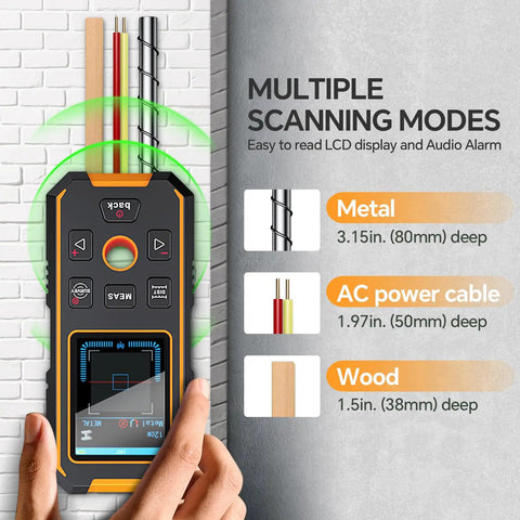 5 In 1 Stud Finder Wall Scanner With Laser Distance Meter And Digital Level Handy Rechargeable Multifunction Detector For Wood Metal Studs Pipes And Live Wires HD LCD Display And Voice Alerts, multi-mode scan