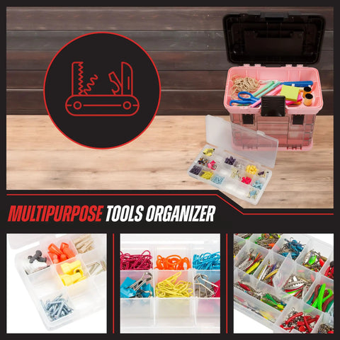 Pink Tool Box Organizer With Removable Compartments for crafts, beads, and small tools, showcasing open container and dividers.