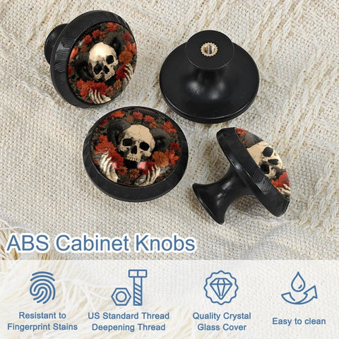 4 Pack Skeleton Flower Cabinet Knobs, 1.37 Inch Round Drawer Pulls for Kitchen Cabinets, Black Durable Hardware