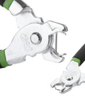 Close-up of Hog Ring Pliers Kit with 110 three quarter inch galvanized rings for fencing and auto upholstery, steel and soft handles.
