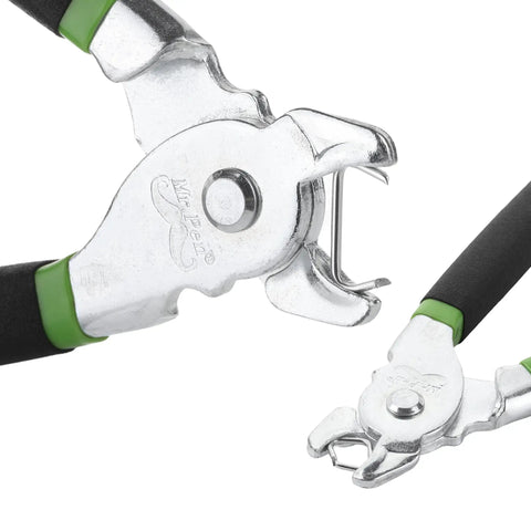 Close-up of Hog Ring Pliers Kit with 110 three quarter inch galvanized rings for fencing and auto upholstery, steel and soft handles.