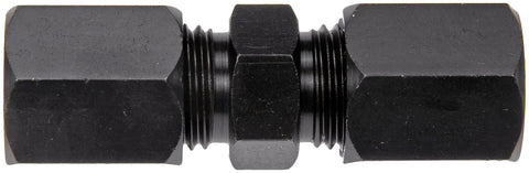 Dorman 800-206 high-pressure compression union, 10mm, black metal, 5000 PSI rated.