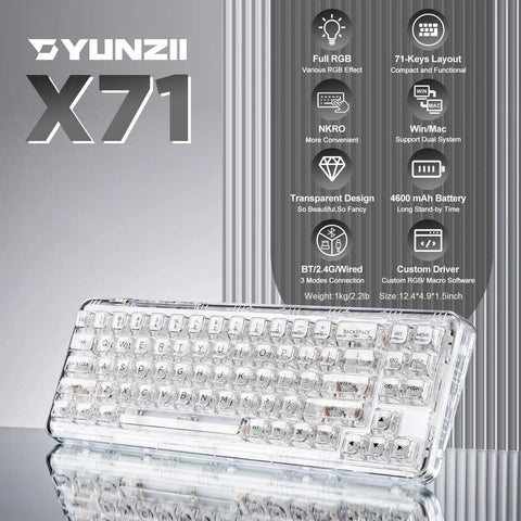 Compact Wireless Mechanical Keyboard Featuring Hot Swap Switches And Clear Caps For Streamlined Desk Setup with RGB lighting and transparent design.