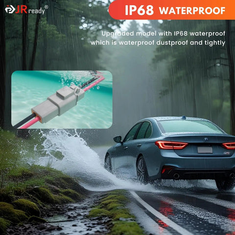 Close-up of DTP 2 Pin Wire Harness Connector Kit 10AWG UL3266 IP68 Waterproof Heavy Duty Automotive Electrical Connector on car