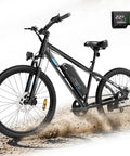 Adult Electric Mountain Bike With 26 Inch Tires And 750W Peak Motor showing black aluminum frame, pedal assist, and LCD screen.