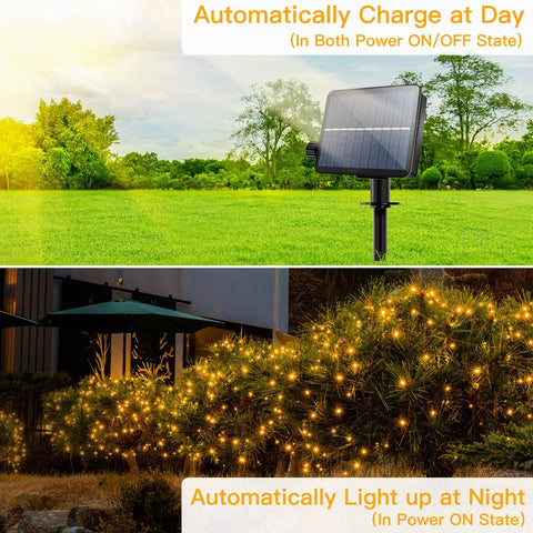 Solar Outdoor String Lights 60Ft 180 LED IP67 Waterproof Dope 8 Modes With Timer Memory Function Anti Interference, solar panel and garden display