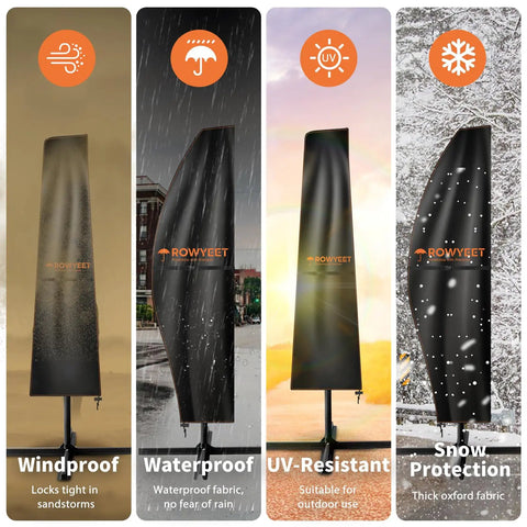 9Ft Cantilever Umbrella Cover With 420D Oxford Fabric showing windproof, waterproof, UV-resistant, and snow protection features.