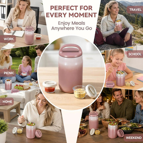 Big 27oz Wide Mouth Food Jar Made From Stainless Steel Keeps Your Grub Hot For Ten Hours Straight Up Leak Proof Performance Locks In Chill Till Midnight Perfect For Grab And Go Work Or School Vibes Pink showcased in various settings such as work, school, picnic, and home.