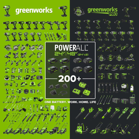 Heavy Duty 24V Brushless Cordless Pole Saw With Eight Inch Guide Bar Cracks Through Thick Limbs And Garden Overhaul Makes Pruning A Total Cinch Includes Rugged Carry Bag For Backyard Titans collection of Greenworks tools and batteries.