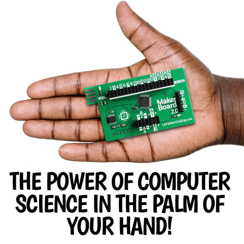 Code Ready Kids Coding Kit For Ages Eight To Twelve With 100 Plus Free Code And STEM Projects, Hands On Learning With C Plus Plus Programming, Fun Coding Games For Tweens, Great Gift For Techy Teens Of All Genders. hand holding green Maker Board 2.0 circuit board