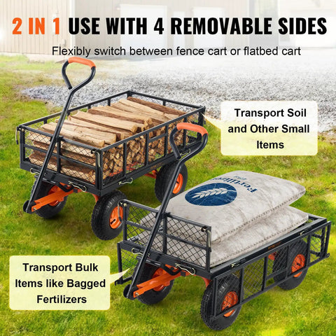 Heavy Duty Steel Garden Dump Cart That Hauls Big Loads With Eight Hundred Eighty Pound Capacity carrying firewood and soil