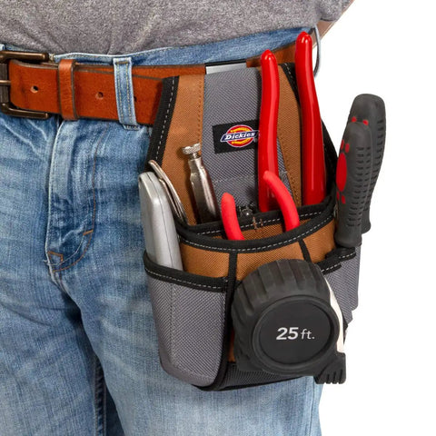 Four Pocket Rigid Tool Pouch With Tape Clip And Universal Fit Steel Clip For Tool Belts Tunnel Loop with tools and measuring tape attached