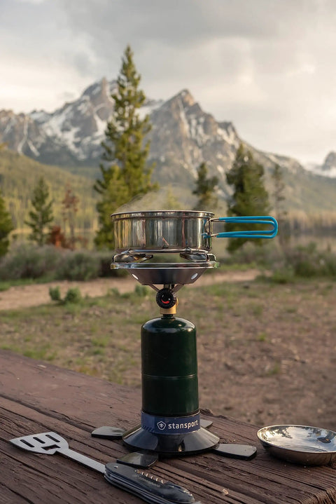 Portable Propane Stove With 10,000 BTU Burner Chrome Anti-Clog Design On Off Regulator Seven Point Five Inch Cooking Grid