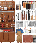 All In One Leatherworking Tool Kit With Cutting Mats Apron Stamping Engraving Punching Sewing And Sanding Tools For Leather Making And Repair Pro Grade Gear For Beginners And Pros Ready To Tackle Any Leather Project displayed with tools, mats, apron, thread, and case.