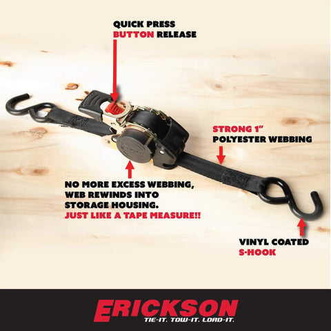 No Nonsense Retractable Ratcheting Tie Down Straps 2 Pack Black 1 In X 6 Ft With Vinyl Coated Hooks showing polyester webbing and S-hook.