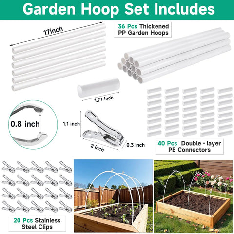 PVC Garden Hoops For Raised Beds Kit With 36 Adjustable Greenhouse Frames And 20 Clips Rust Free Grow Tunnel Plant Support DIY Frame For Shade Cloth Netting And Frost Protection