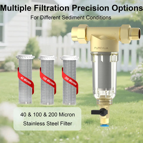 Spin Down Garden Hose Sediment Filter with three interchangeable 40, 100, 200 micron stainless mesh filters for outdoor use.