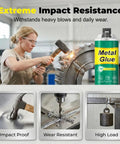 Tough As Nails Heavy Duty Metal Repair Glue Epoxy For Crack Fill And Bonding Heat Resistant Waterproof Adhesive For Metal Plastic Ceramic DIY Repairs And Home Fixes Easy Mix And Apply Gray used for industrial metal repair by worker with hammer.