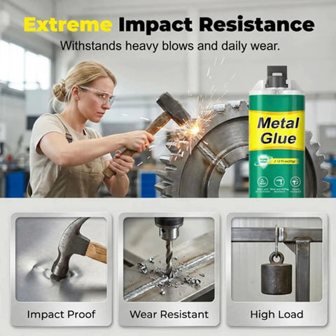 Tough As Nails Heavy Duty Metal Repair Glue Epoxy For Crack Fill And Bonding Heat Resistant Waterproof Adhesive For Metal Plastic Ceramic DIY Repairs And Home Fixes Easy Mix And Apply Gray used for industrial metal repair by worker with hammer.