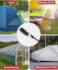 Collage showing tent, shade cloth, greenhouse, car cover with Five Pack 12 Inch Bungee Cords With Hooks And Tarp Clips in center.