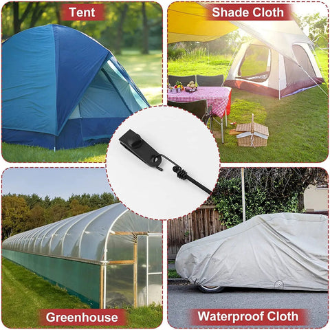 Collage showing tent, shade cloth, greenhouse, car cover with Five Pack 12 Inch Bungee Cords With Hooks And Tarp Clips in center.
