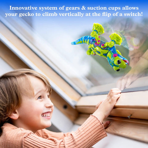 Child watching GeckoBot 2.0 Wall Climbing Robot Kit with suction cup feet climbing a window.