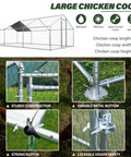 Illustration of massive metal chicken coop with walk in run and covered spire roof for backyard poultry pen with detail views