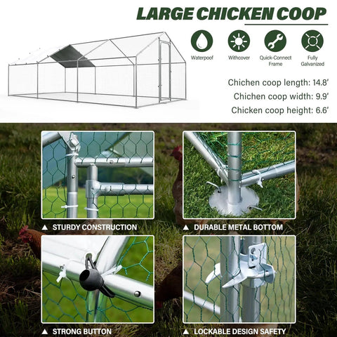 Illustration of massive metal chicken coop with walk in run and covered spire roof for backyard poultry pen with detail views