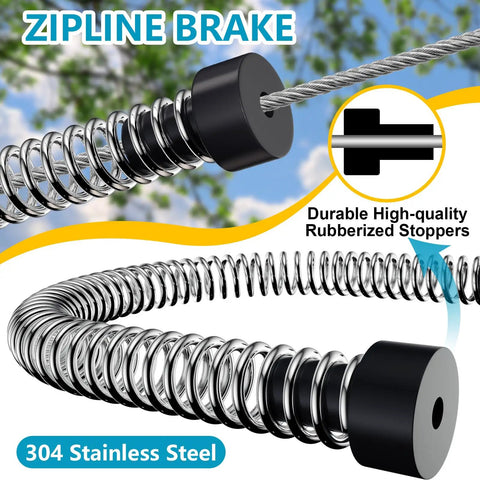 Backyard Zip Line Kit For Kids And Adults With 75 100 120 And 150 Ft Trolley Options 350 Lb Weight Capacity Includes Swing Seat And Stainless Steel Brake And Safety Cable For Ultra Safe Outdoor Fun - stainless steel brake close-up with rubberized stoppers